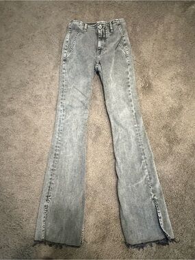 We The Free Light Gray High-Rise Flare Jeans with side slit